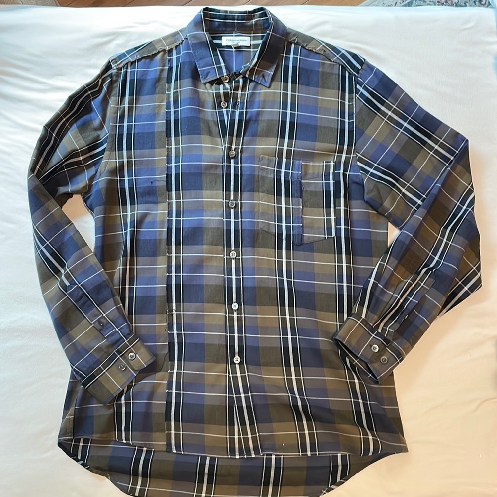 Public School Retro Plaid Cotton Exposed-Seam Shirt in Plaid Olive Size XL